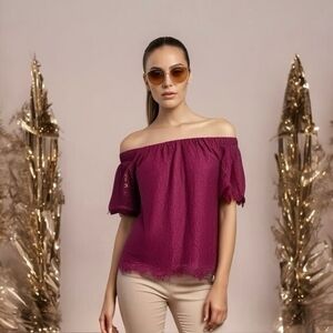MIAMI Womens Off Shoulder Blouse S Wine Red Lace Floral Bow Short Sleeve Top NWT